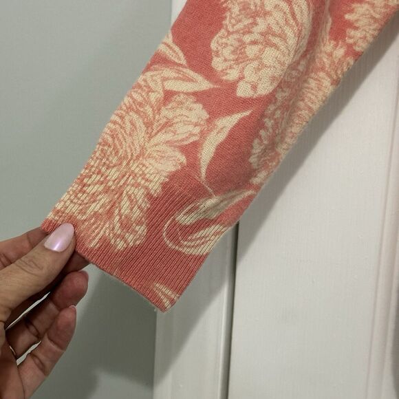 Talbots Petites 100% Cashmere Pink Ivory Floral Cardigan Sweater Size Large - Picture 5 of 9